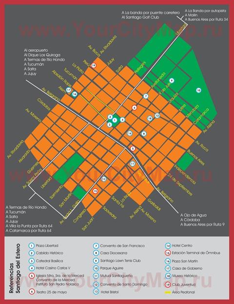 Подробная туристическая карта города Сантьяго-дель-Эстеро с достопримечательностями