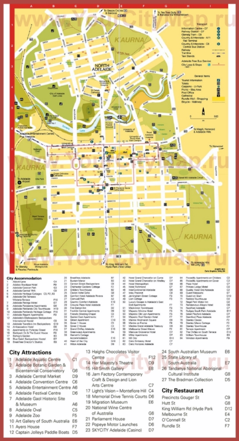 Туристическая карта Аделаиды с отелями и достопримечательностями