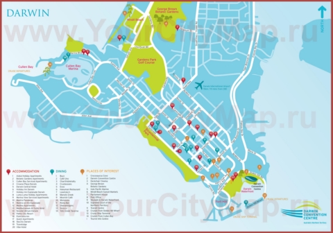 Туристическая карта Дарвина с отелями, достопримечательностями и ресторанами