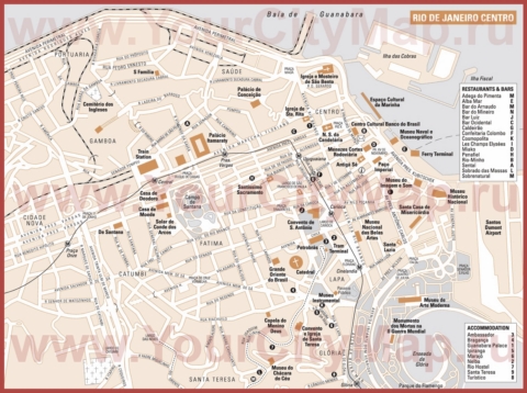 Карта центра Рио-де-Жанейро с отелями и достопримечательностями