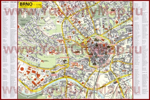 Туристическая карта Брно с отелями и достопримечательностями
