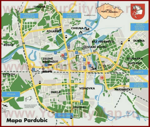 Туристическая карта Пардубице с отелями и достопримечательностями