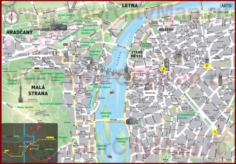 Карта центра Праги с достопримечательностями