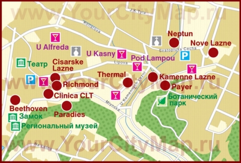 Туристическая карта Теплице с отелями и достопримечательностями