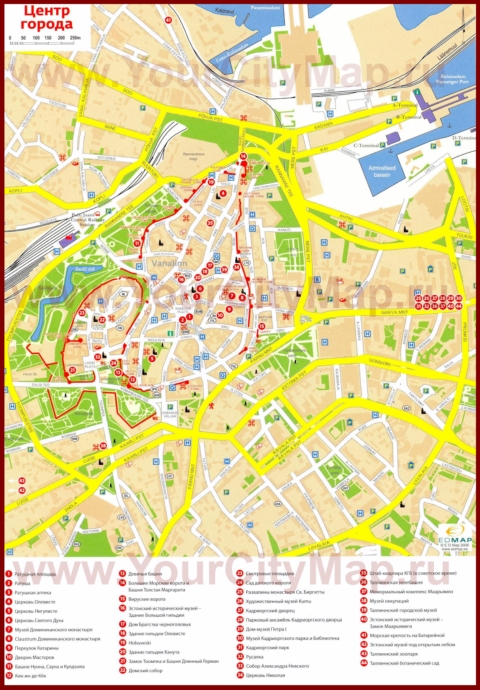 Карта старого города (центра) Таллина с отелями и достопримечательностями