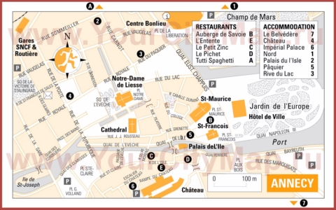 Туристическая карта Анси с отелями и ресторанами