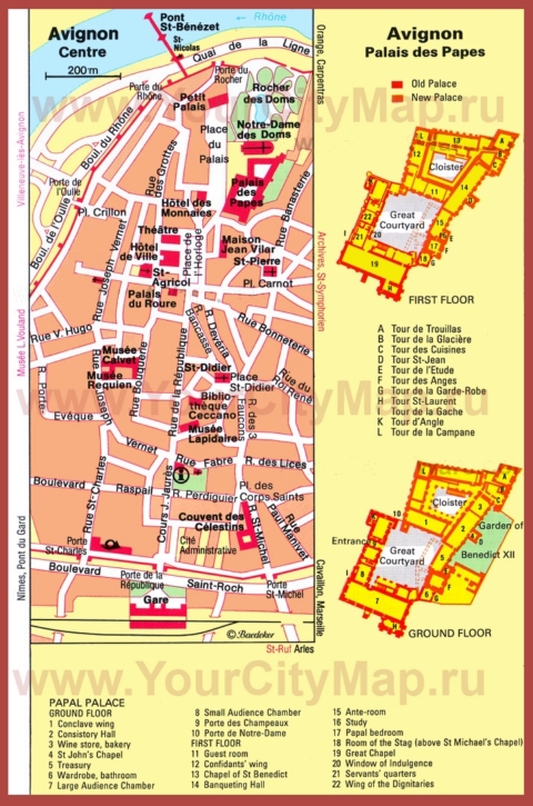 Карта центра Авиньона с достопримечательностями