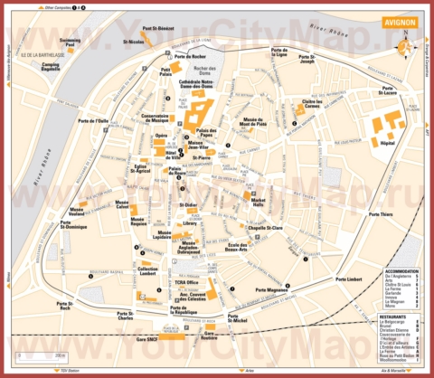 Туристическая карта Авиньона с отелями и ресторанами