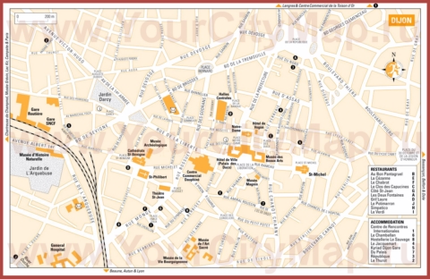 Туристическая карта Дижона с отелями и ресторанами
