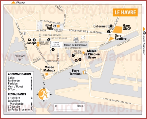 Туристическая карта Гавра с отелями и ресторанами