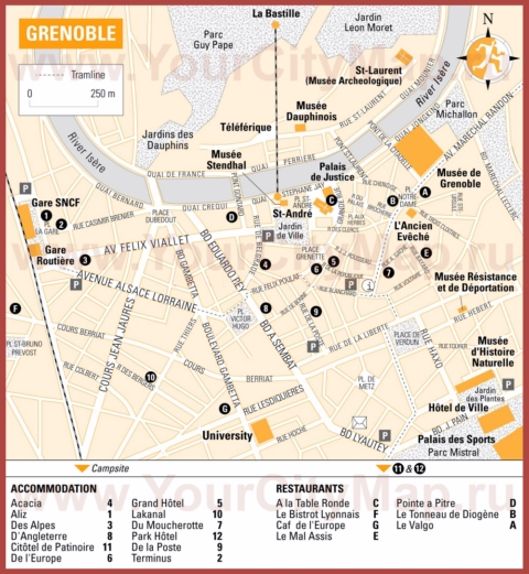 Туристическая карта Гренобля с отелями и ресторанами