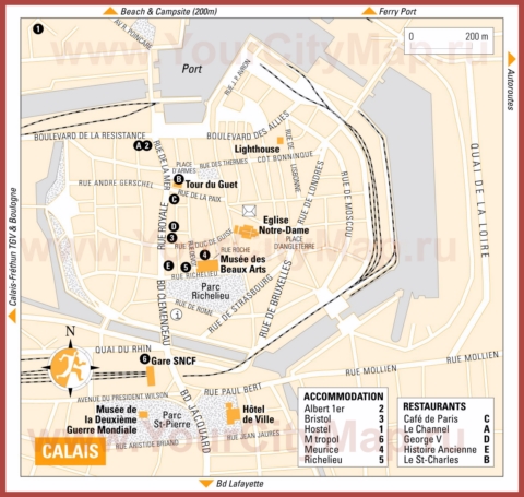 Туристическая карта Кале с отелями и ресторанами