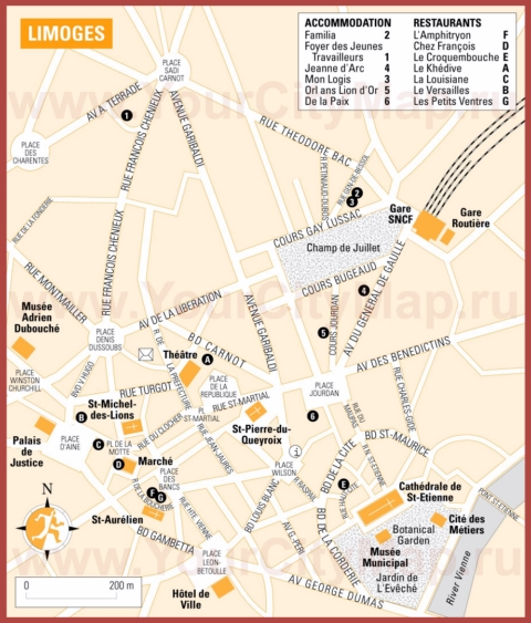Туристическая карта Лиможа с отелями и ресторанами
