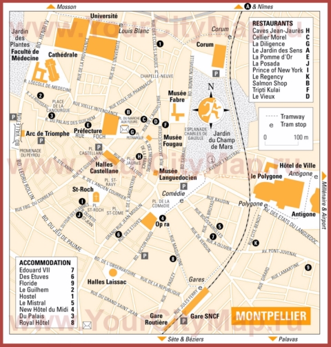 Туристическая карта Монпелье с отелями и ресторанами