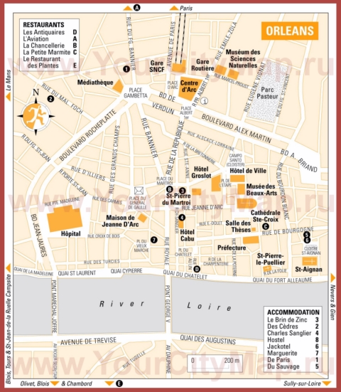 Туристическая карта Орлеана с отелями и ресторанами