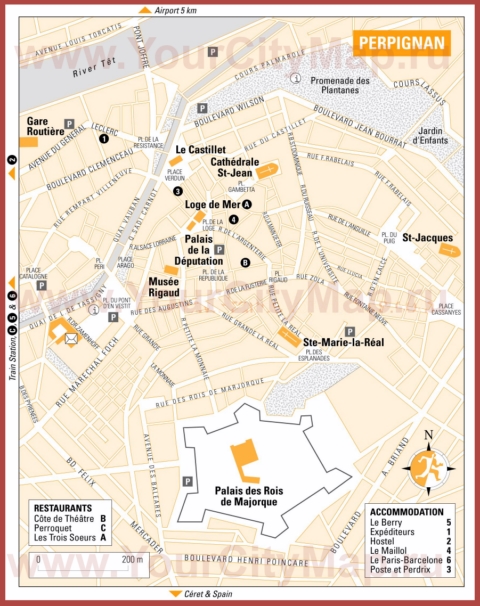 Туристическая карта Перпиньяна с отелями, достопримечательностями и ресторанами