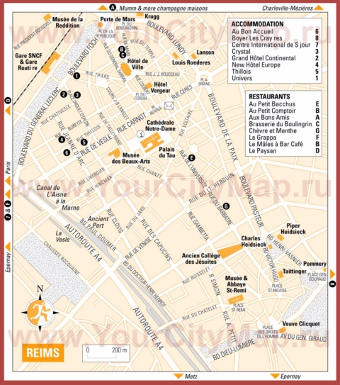 Туристическая карта Реймса с отелями, достопримечательностями и ресторанами