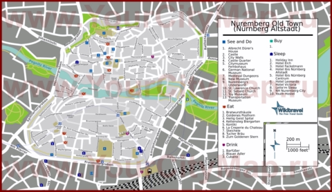 Карта Нюрнберга с отелями, достопримечательностями, ресторанами и барами