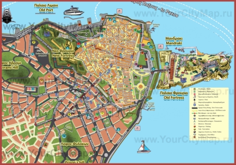Подробная туристическая карта Керкиры с отелями