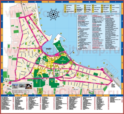 Туристическая карта города Кос с отелями и достопримечательностями