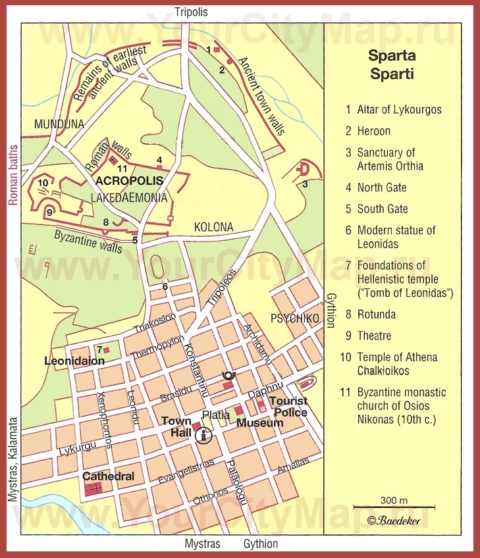 Туристическая карта Спарты с достопримечательностями