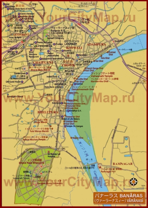 Карта города Варанаси с отелями и достопримечательностями