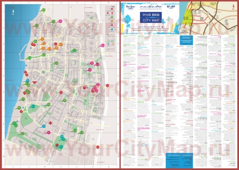 Подробная туристическая карта города Бат-Ям с отелями и достопримечательностями
