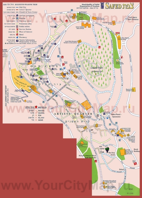 Подробная туристическая карта города Цфат с отелями и достопримечательностями