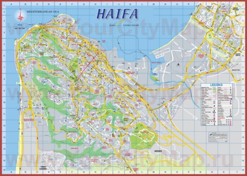 Подробная туристическая карта города Хайфа с отелями и достопримечательностями