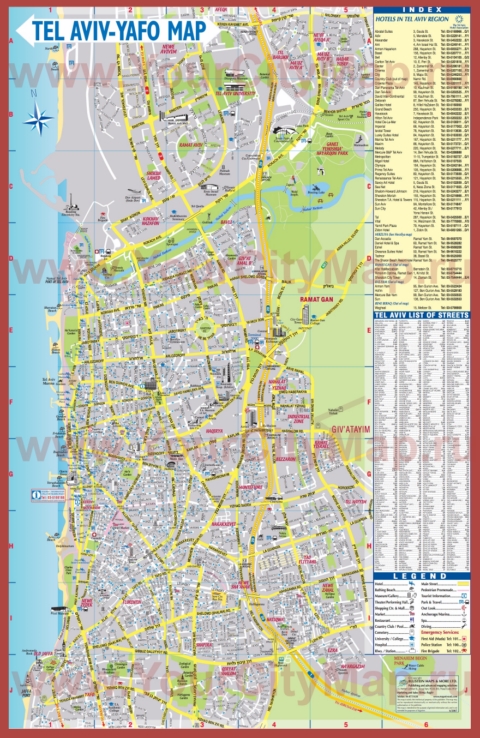 Подробная туристическая карта города Тель-Авив с улицами и отелями