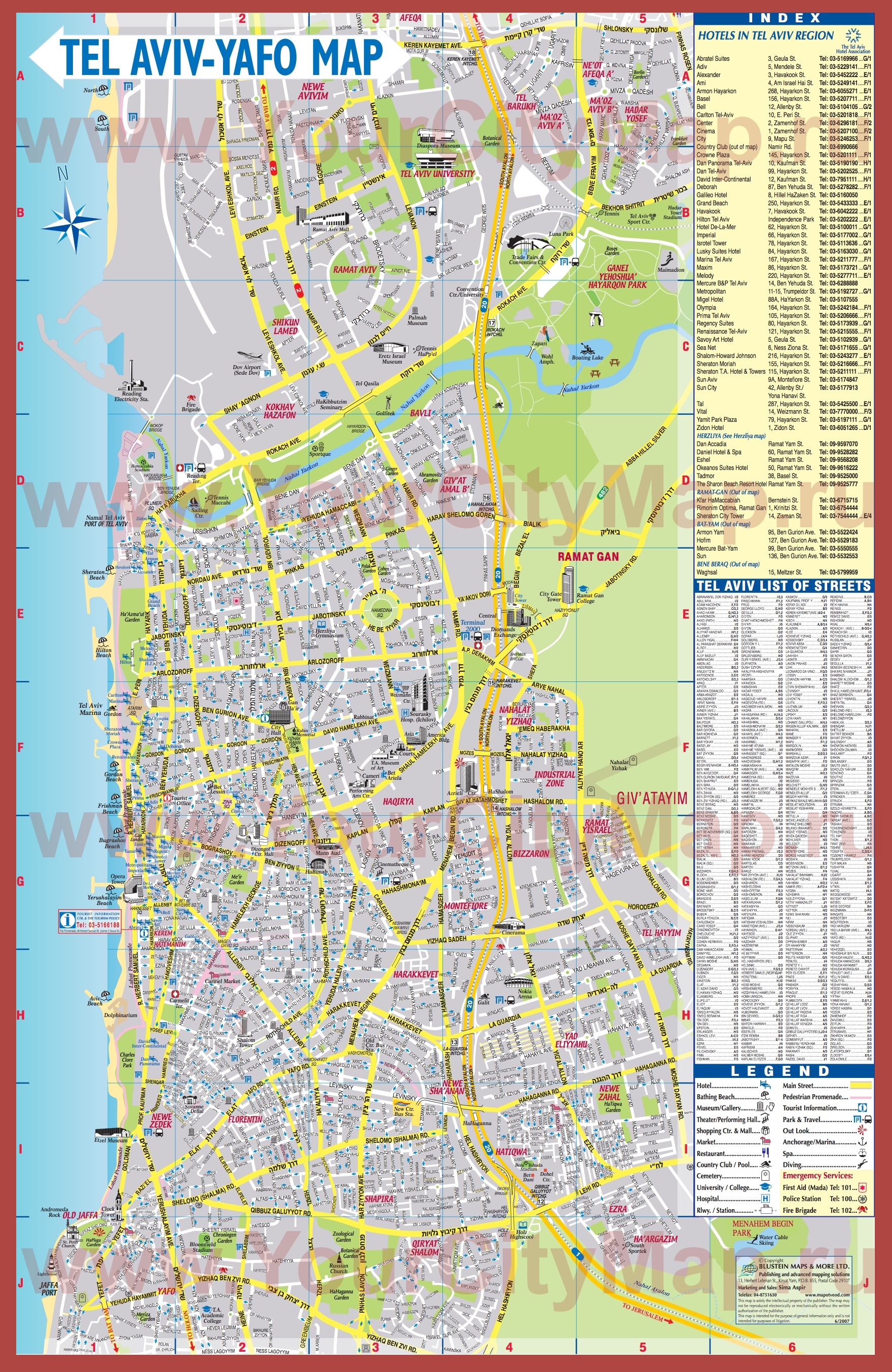 Подробная туристическая карта города Тель-Авив с улицами и отелями \ufeff
