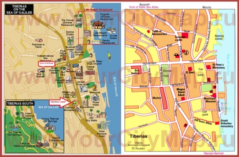 Подробная туристическая карта города Тверия с отелями и достопримечательностями