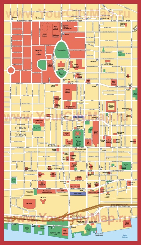 Карта центра Торонто с достопримечательностями