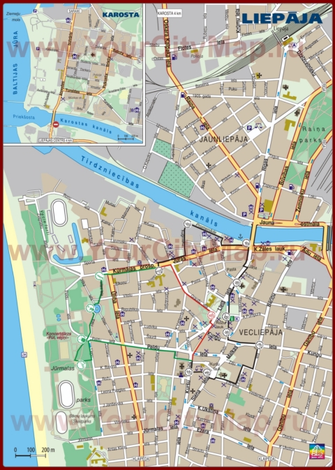 Карта центра Лиепаи с отелями
