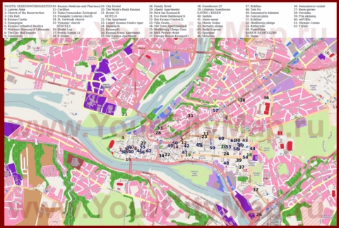 Карта Каунаса с отелями, достопримечательностями, ресторанами и барами