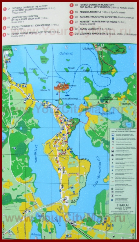 Туристическая карта Тракая с отелями и достопримечательностями