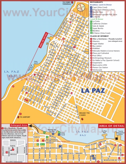 Подробная карта Ла-Паса с достопримечательностями и ресторанами