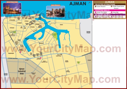 Туристическая карта Аджмана с отелями, достопримечательностями и магазинами