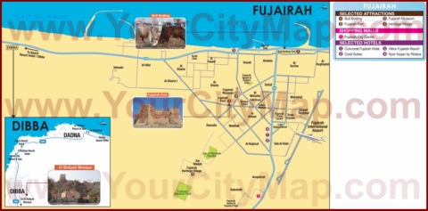 Туристическая карта Фуджейры с отелями, достопримечательностями и магазинами
