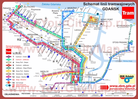 Карта маршрутов трамвая Гданьска