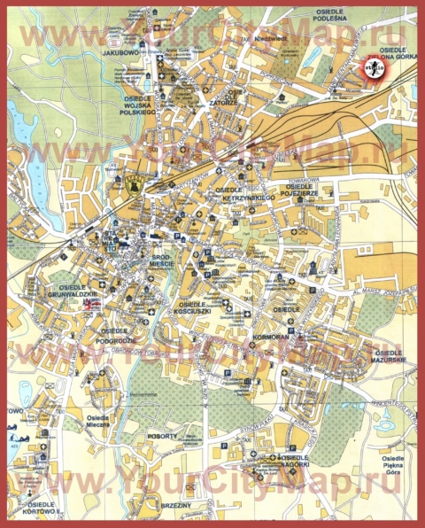 Туристическая карта Ольштына с отелями и достопримечательностями