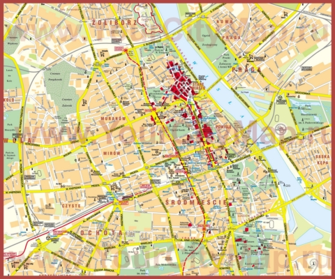 Туристическая карта центра Варшавы с отелями