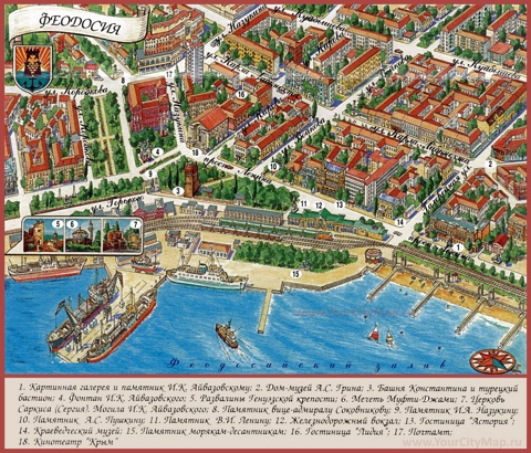 Туристическая карта Феодосии с достопримечательностями и гостиницами
