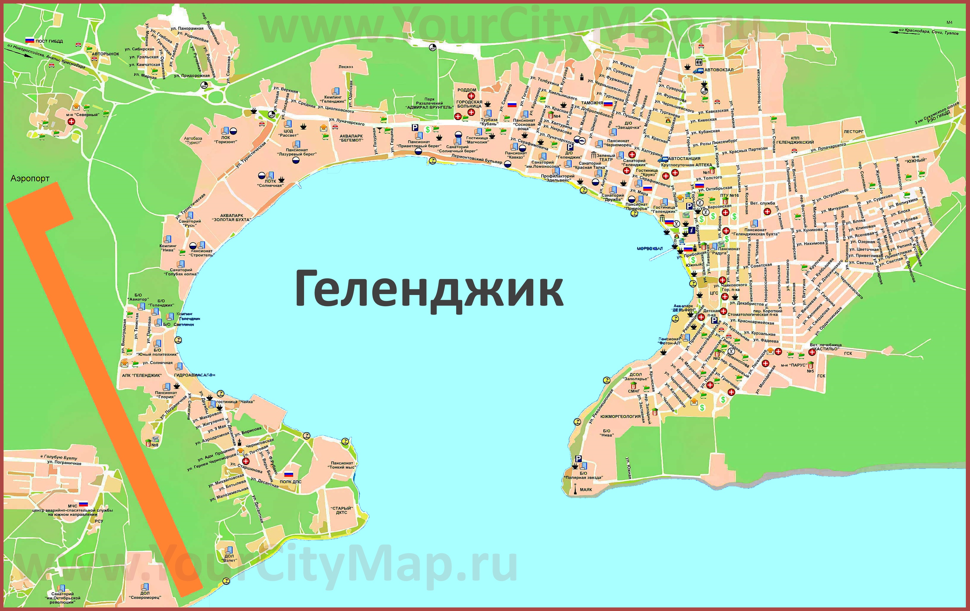 Карта Геленджика с гостевыми домами, отелями и санаториями \ufeff