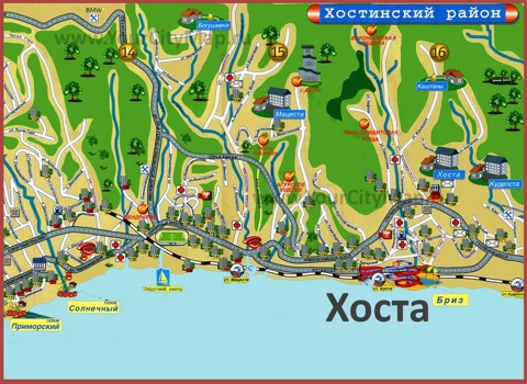 Туристическая карта Хосты с санаториями и пансионатами