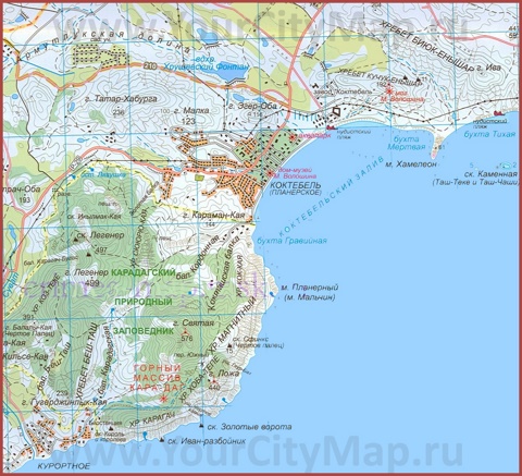 Карта Коктебеля с окрестностями и пляжами