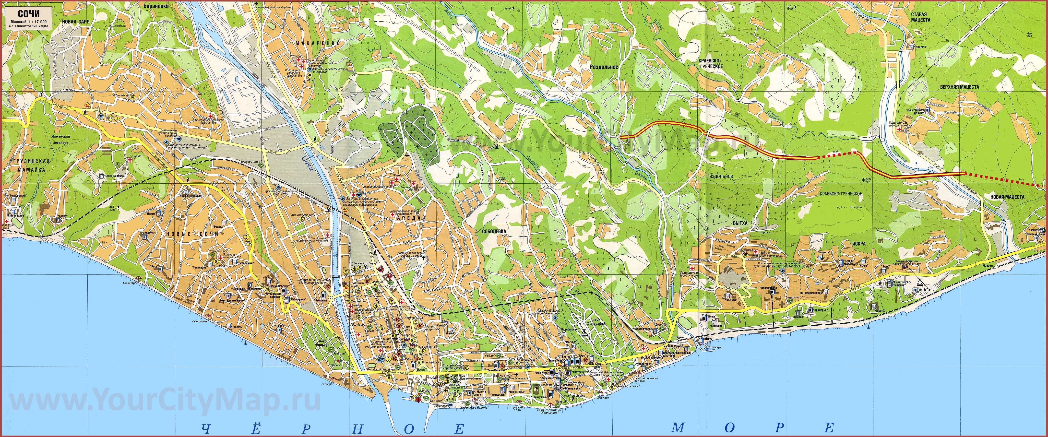 Туристическая карта Сочи с достопримечательностями и пляжами \ufeff