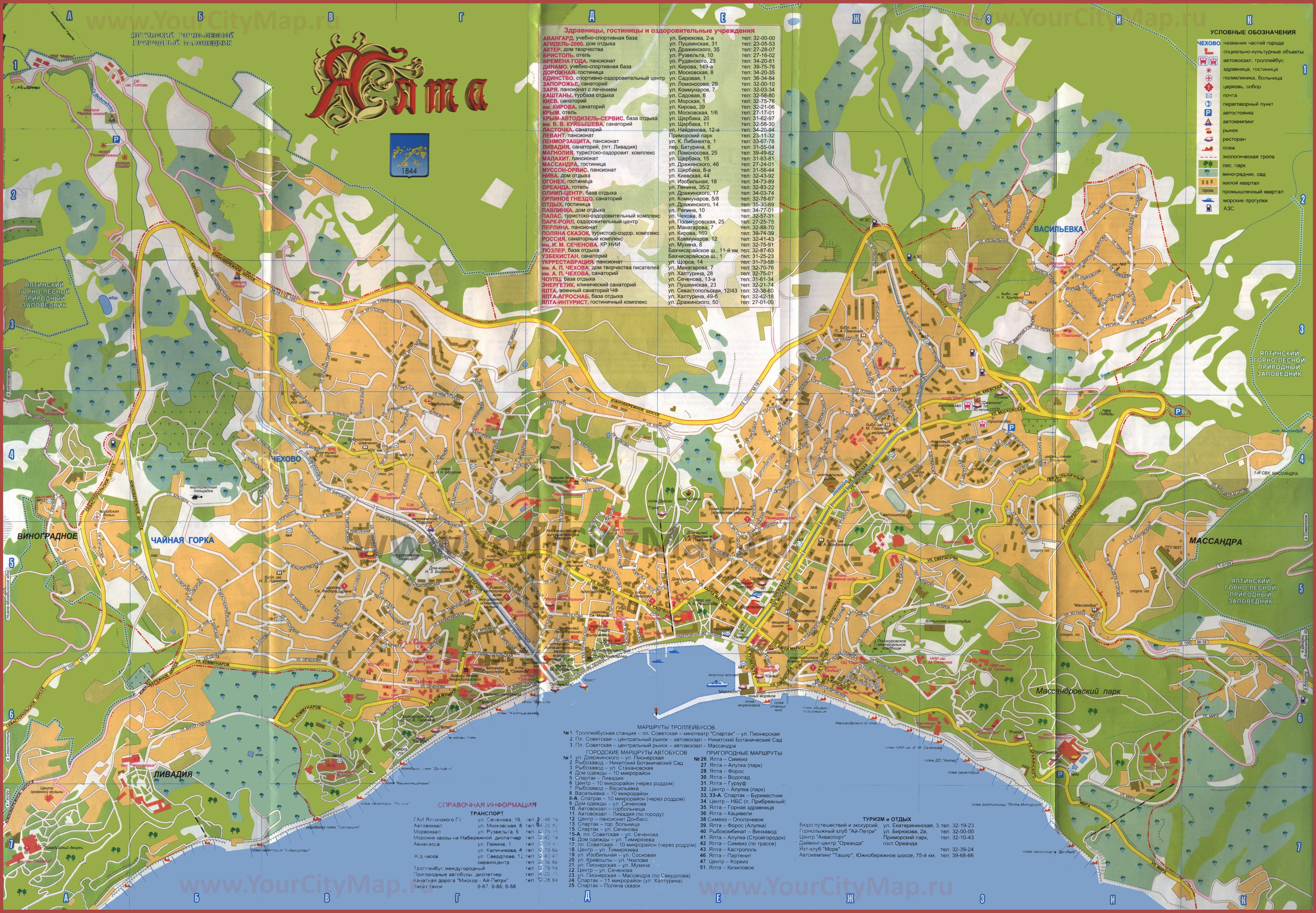 Карта ялты с отелями и пансионатами и гостиницами у моря