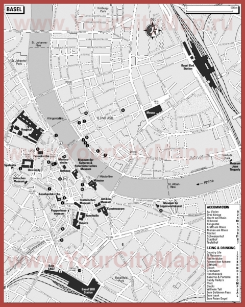 Туристическая карта Базеля с отелями и ресторанами