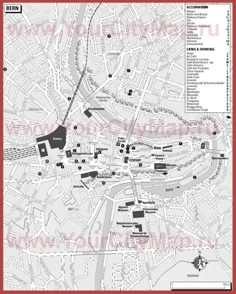 Туристическая карта Берна с отелями и ресторанами